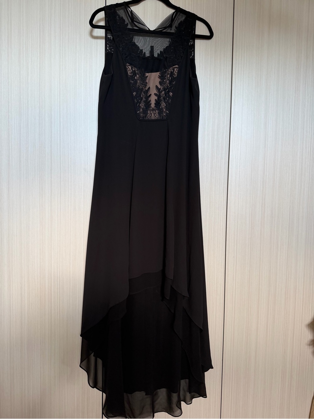 BCBGMaxAzria Black Sleeveless High-Low Dress with Lace-Illusion Bodice